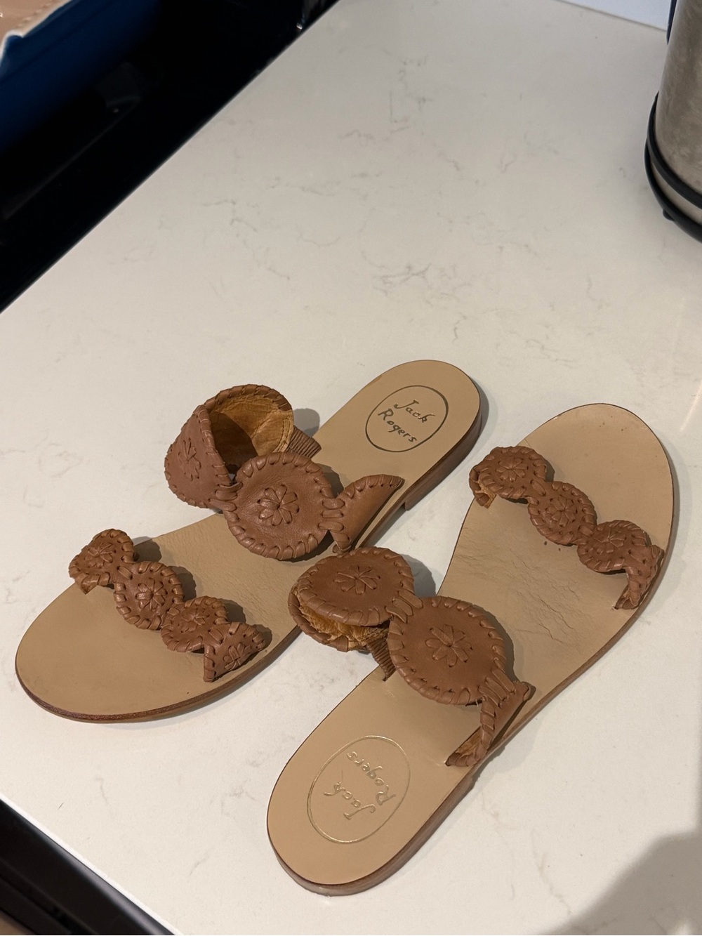 Jack Rogers Brown Leather Palm Beaded Slide Sandals gently worn